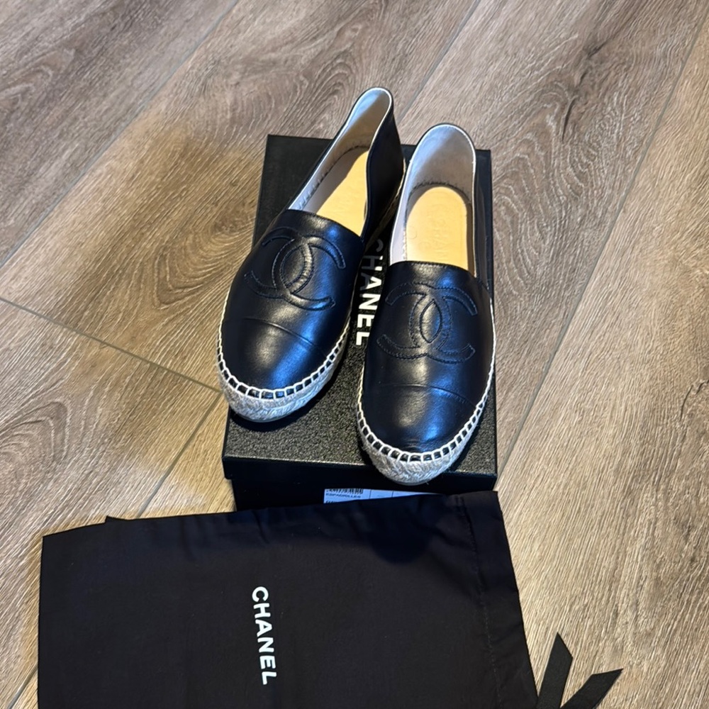 CHANEL Black Leather Espadrilles